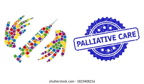 Colorful collage vaccine care hands, and Palliative Care unclean rosette seal imitation. Blue seal includes Palliative Care title inside rosette.