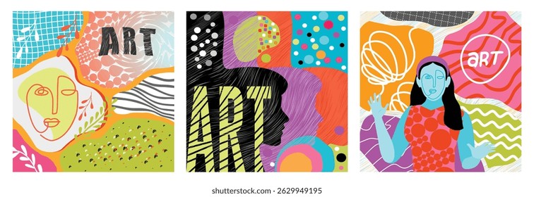 A colorful collage with various patterns and a minimalist line art face drawing. Creative Art Collage Featuring Silhouettes. A woman surrounded by artistic and vibrant elements. Art concept.