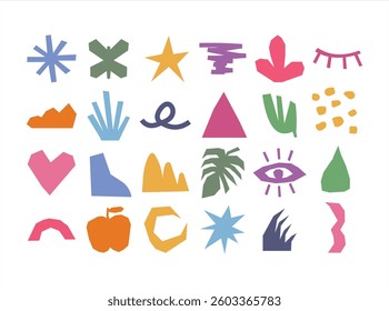A colorful collage of various shapes and objects, including a heart, an apple, a star, and a leaf. Concept of creativity and playfulness, as well as a celebration of diversity and individuality