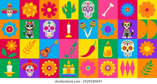 Un colorido collage de varios símbolos y Imágenes, incluyendo calaveras, flores y una guitarra. La escena es festiva y de celebración, probablemente representando una fiesta o celebración mexicana