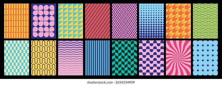 Farbige Kollektion von 18 geometrischen Wiederholungsmustern, perfekt für moderne Designprojekte. Ideal für A4-Cover, Poster und Hintergründe. 