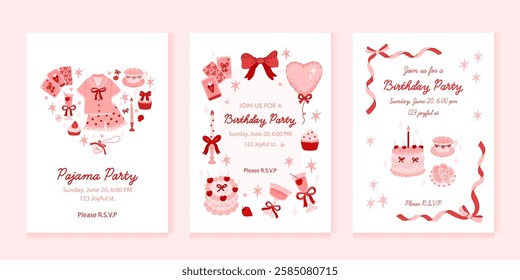 Colorful collection of 3 vertical cards or backgrounds with sample text and whimsical elements. Invitation templates for Pajama party, Birthday, wedding. Coquette aesthetic. Vector flat illustration