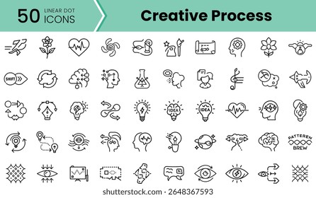 Colorful collection of 50 linear icons representing the creative process, featuring symbols like light bulbs, flowers, and brain imagery, perfect for design projects.
