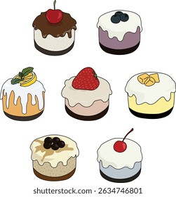 A colorful collection of 7 hand-drawn mini cake icons featuring various toppings such as cherry, strawberry, blueberry, lemon, mango, and brown sugar boba.
