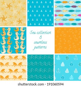 Colorful collection of 8 marine seamless patterns