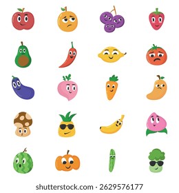 A colorful collection of adorable fruit and vegetable characters with various facial expressions in cartoon style.