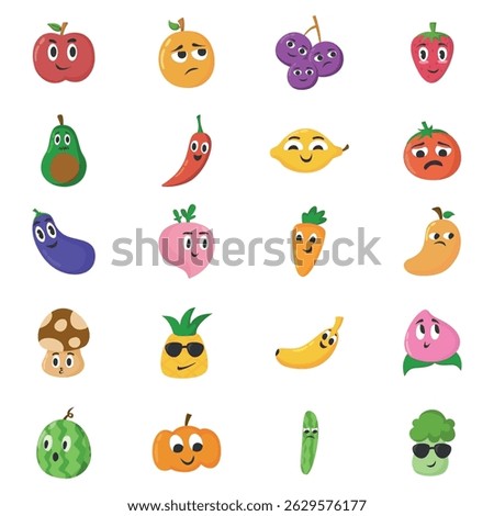 A colorful collection of adorable fruit and vegetable characters with various facial expressions in cartoon style.