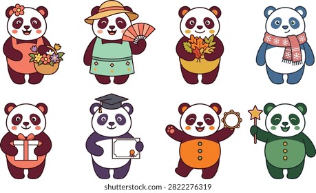 A colorful collection of adorable panda characters celebrating different seasons, holidays, graduation, and special occasions. Ideal for stickers, greeting cards, children’s books, calendars, invitations, educational materials, and festive merchandise.