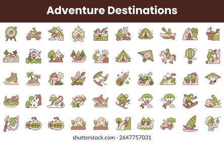 Uma coleção colorida de ícones com temas de aventura, incluindo camping, esqui e mountain biking, ideal para entusiastas de viagens e amantes ao ar livre.