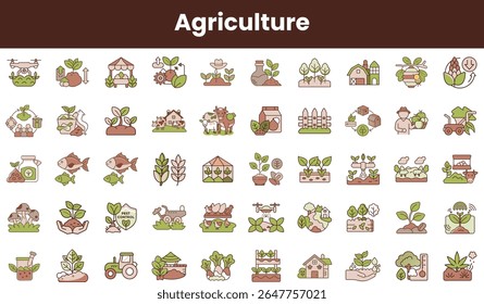 A colorful collection of agriculture-themed icons featuring plants, animals, and farming equipment, showcasing the diverse aspects of agriculture in a playful design.