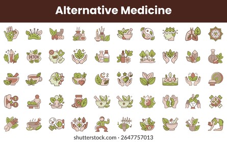 Uma coleção colorida de ícones de medicina alternativa, mostrando vários conceitos holísticos de saúde, remédios naturais e práticas de bem-estar, com plantas e símbolos de cura.