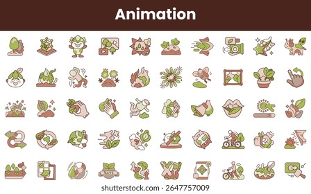 A colorful collection of animated icons representing nature, growth, and environmental themes, featuring various elements like plants, recycling, and sustainability concepts.