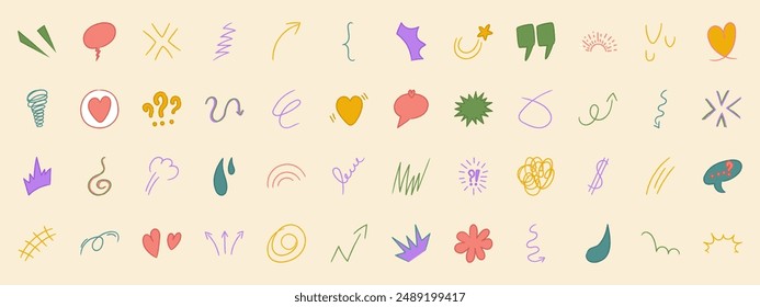 Colorful collection of anime emotion effects. Manga set of arrows, sparkles, expression signs. Vector illustration.