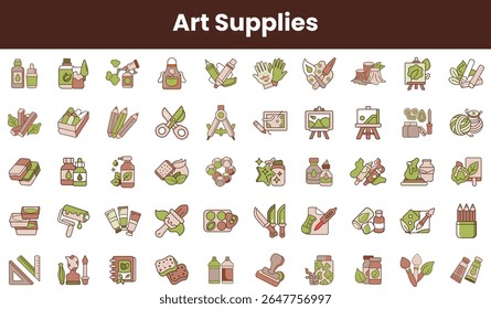 A colorful collection of art supplies depicting various tools and materials essential for creativity, featuring paints, brushes, and natural elements.