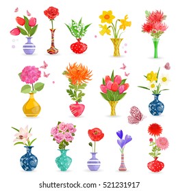 colorful collection art vases with bouquet of flowers for your design