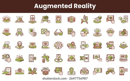 Uma coleção colorida de ícones de realidade aumentada apresentando vários elementos, como modelos 3D, interações e sobreposições digitais, mostrando o conceito de tecnologia AR.