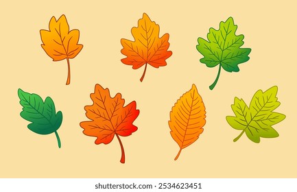 A colorful collection of autumn leaves in various shapes and sizes, including maple, oak, and elm, scattered across a cream-colored background. Perfect for fall-themed designs.