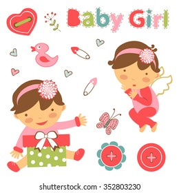 Colorful collection of baby girl announcement graphic elements. vector illustration