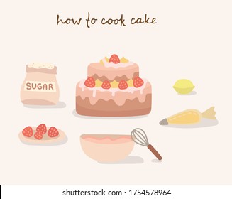 Colorful collection of baking items. How to cook a cake, vector illustration in flat design