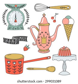 Colorful collection of baking items and sweets. Cute Vector illustration and design elements 