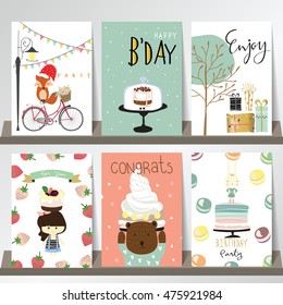 Colorful collection for banners, Flyers, Placards with fox, gift, cake, bear, tree and girl