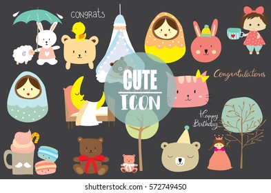 Colorful collection for banners,Flyers,Placards with bear,rabbit,cat,tree,girl and moon on bed