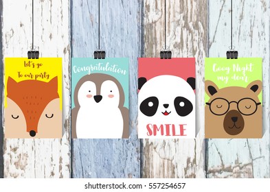 Colorful collection for banners,Flyers,Placards with fox,penguin,panda and bear on wallpaper