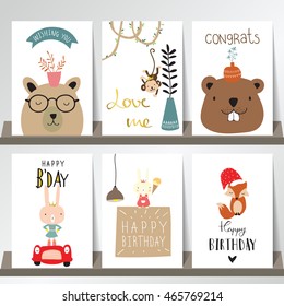 Colorful collection for banners,Flyers,Placards with fox,rabbit,bear,tree,monkey and bear