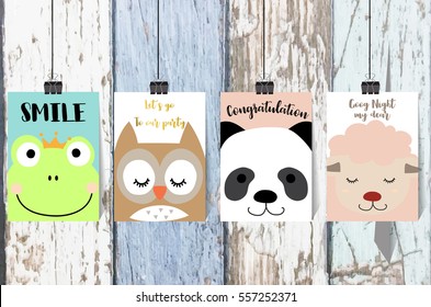 Colorful collection for banners,Flyers,Placards with frog,owl,panda and sheep on wallpaper