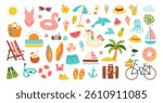 A colorful collection of beach and pool items, including a surfboard, a bicycle, a boat, a suitcase, a watermelon, a pineapple, a camera, a hat, a chair, and an umbrella