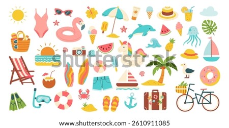 A colorful collection of beach and pool items, including a surfboard, a bicycle, a boat, a suitcase, a watermelon, a pineapple, a camera, a hat, a chair, and an umbrella