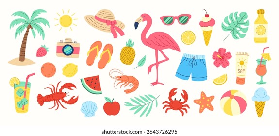 A colorful collection of beach and summer themed items including a flamingo, sunglasses, a camera, a hat, a cup, a crab, a shrimp, a watermelon, a pineapple, a lemon, a cup of ice cream, a cup of