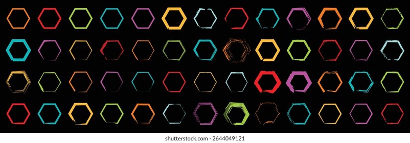 A colorful collection of bold and outlined hexagon icons in multiple shades on black background, ideal for abstract design, UI assets, and modern digital graphics.

