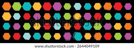 A colorful collection of bold and outlined hexagon icons in multiple shades on black background, ideal for abstract design, UI assets, and modern digital graphics.


