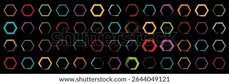 A colorful collection of bold and outlined hexagon icons in multiple shades on black background, ideal for abstract design, UI assets, and modern digital graphics.

