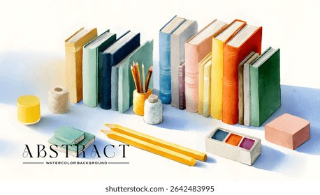 Colorful collection of books, pencils, and art supplies arranged on a light blue surface.