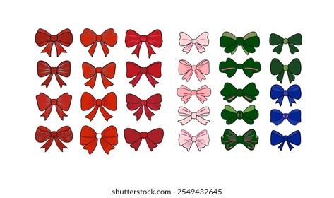 colorful collection of bows in red, pink, green, and blue on a white background.	 Set of ribbons. 
