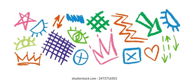 Colorful collection of brush drawn symbols: hearts, crowns, arrows, eyes,  star, grid, crosses, swirls and dots with dry brush texture. Exclamation and question marks. Bold graffiti style shapes. 
