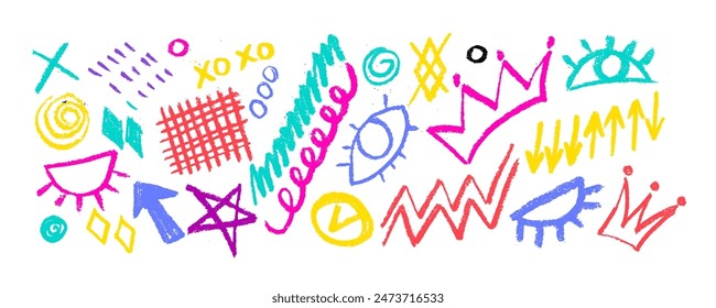 Colorful collection of brush drawn symbols: hearts, crowns, arrows, eyes,  star, grid, crosses, swirls and dots with dry brush texture. Exclamation and question marks. Bold graffiti style shapes. 