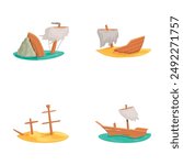 Colorful collection of cartoon shipwrecks with different nautical themes, featuring isolated vector illustrations of sunken, abandoned, and capsized vessels in maritime disasters