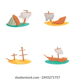 Colorful collection of cartoon shipwrecks with different nautical themes, featuring isolated vector illustrations of sunken, abandoned, and capsized vessels in maritime disasters