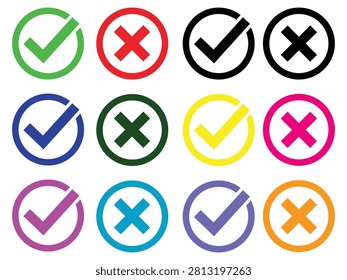 A colorful collection of check mark and cross mark circle icons designed in a clean flat vector style. This versatile icon set features approval, rejection, success, error, validation, confirmation, accepted, and denied symbols in multiple vibrant colors. Perfect for user interface (UI), user experience (UX), mobile applications, websites, dashboards, forms, presentations, infographics, software, web development, and digital design projects. The minimal, modern, and scalable design makes these icons ideal for professional branding, navigation systems, notifications, and status indicators while maintaining excellent visibility on both light and dark backgrounds.

#CheckMark #CrossMark #TickIcon #XMark #Approval #Rejection #Validation #Confirmation #Success #Error #StatusIcon #UI #UX #FlatDesign #VectorIcons #ColorfulIcons #WebDesign #MobileApp #GraphicDesign #UserInterface