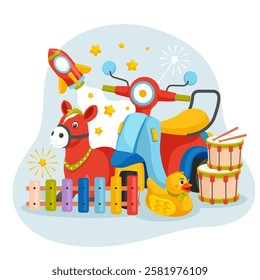 A colorful collection of children's toys including a red horse, a blue scooter, a yellow duck, a rocket, drums, and a xylophone, set against a light blue background with stars.