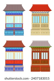 colorful collection of Chinese asian architecture buildings. isolated east houses with traditional ornament walls