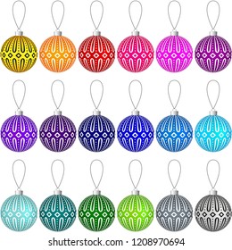 Colorful collection of Christmas balls with pattern hanging on a thread. Vector EPS 10