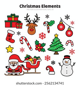 A colorful collection of Christmas cartoon elements, including Santa, snowman, gifts, pine tree, and festive decorations.