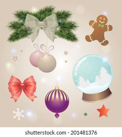 Colorful collection of Christmas decoration design elements. Sparkle background. Vector illustration