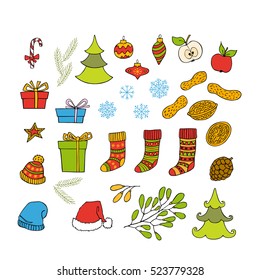 Colorful collection of Christmas and New Year hand drawn clipart. Vector holiday design elements for greeting card, invitation, pattern