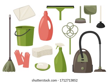 Colorful collection of cleaning products. Home cleaning tools. Vector set of illustrations in flat design style.