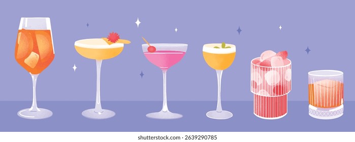 Colorful collection of cocktails in different glasses on a purple background. Modern flat illustration of alcoholic drinks with ice, fruit garnishes, and decorations. Party and bar concept